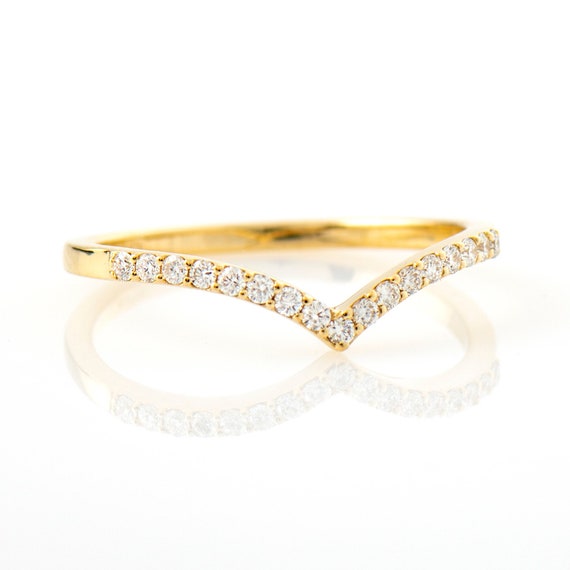 Half Eternity V Shape Wedding Ring, 14K \ 18K Yellow Gold Diamonds Ring, Thin Band Diamonds Ring, Chevron Ring, Stacking V Gold Ring