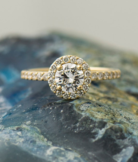 Halo Engagement Ring 14K 18K Yellow Gold Diamonds Ring