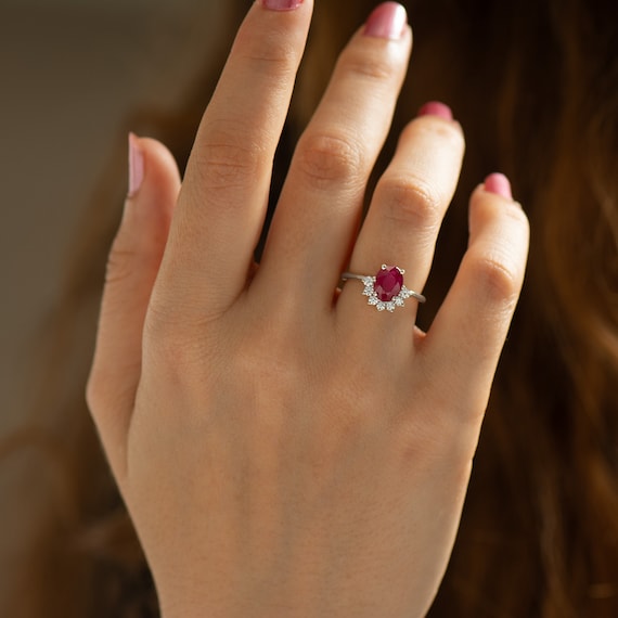 Red Sunset Ruby Ring 14K 18k White Gold Ruby Engagement Ring Natural Ruby Oval Ruby Half Halo Oval Ring Crown Engagement Ring Red