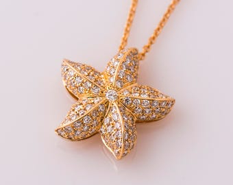 Starfish Diamonds Pendant, 14K / 18K Rose Gold Necklace, Star Pendant, Diamonds Gift, Bridal Pendant, Anniversary Pendant, Sea Jewelry