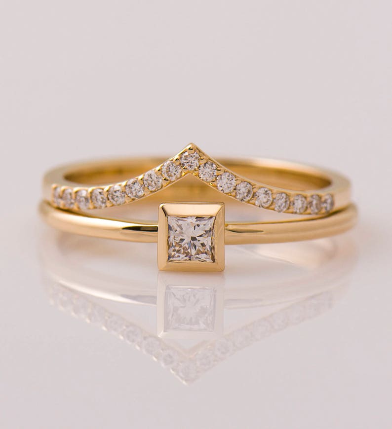 Square Diamond Engagement ring, 14K / 18K Yellow Gold, Dainty Engagement Ring, Thin Solitaire Ring, Princess Cut Diamond, Promise Ring image 9
