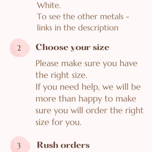 May include: A pink and white graphic with the text "LET'S START!" and three numbered steps for choosing a metal, size, and rush order options. The graphic includes pink floral illustrations.