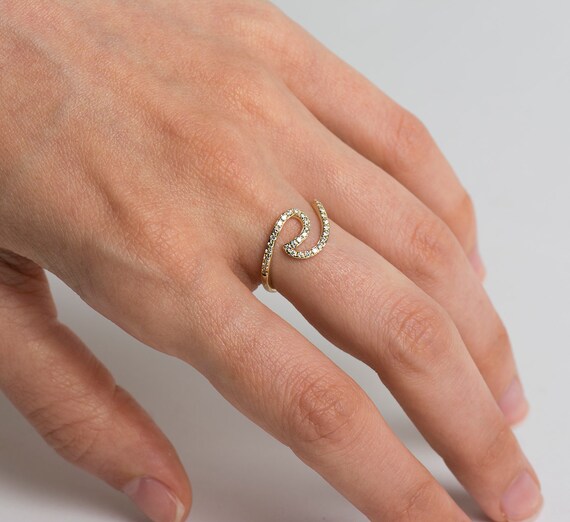 Gold Ocean Wave Ring For Women - 14K Gold Plated Cubic Zirconia Minimalist Stacking Band