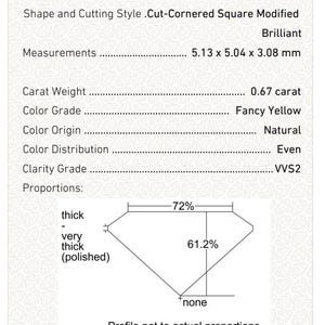 K&ouml;nnte beinhalten: Ein GIA-Gradierungsbericht f&uuml;r einen 0,67 Karat Fancy Yellow Diamanten. Der Diamant ist ein Cut-Cornered Square Modified Brilliant mit den Ma&szlig;en 5,13 x 5,04 x 3,08 mm. Der Bericht enth&auml;lt Angaben zu Farbe, Reinheit und Proportionen des Diamanten.