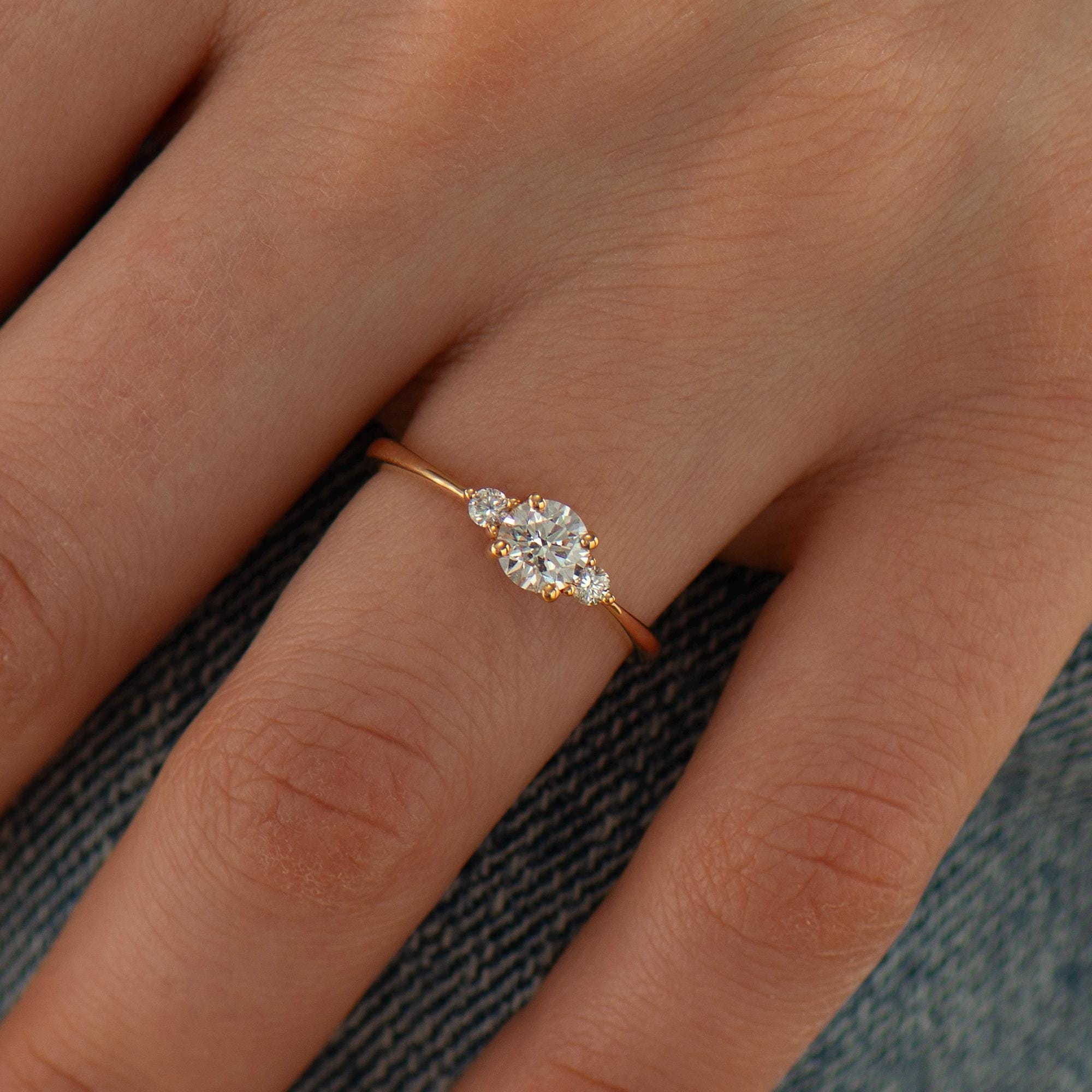 Three Stones Engagement Ring, Delicate Three Diamonds Ring, 14K / 18K Rose Gold, Diamond Wedding Ring, Dainty Diamond Ring, Tri stone Ring