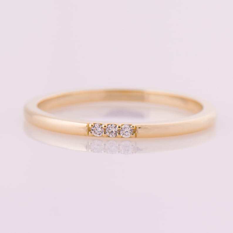 Thin Diamond Band Tiny Diamond Ring Dainty ring Stackable Band 14K Yellow Gold Stacking Ring 3 Stone Band Promise ring