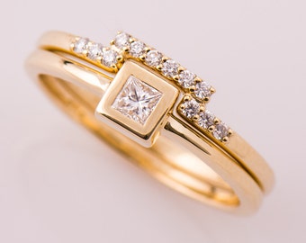 Square Diamond Ring, Engagement Ring Set, 14K Yellow Gold Diamond Set, Princess Cut Diamond, Unique Engagement Set, Modern Wedding Rings