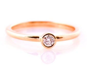 Round Brilliant, Stack Diamond Ring, 14K Rose Gold, Bezel Ring, Solitaire Diamond Ring, Thin Engagement Ring, Round Diamond, Dainty Ring