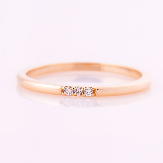 1.5 mm 3 Diamonds Ring, Three Diamonds Stack Band, 14K / 18K Rose Gold, Stacking Band, Tiny Diamonds Ring, Thin Wedding ring, Promise ring