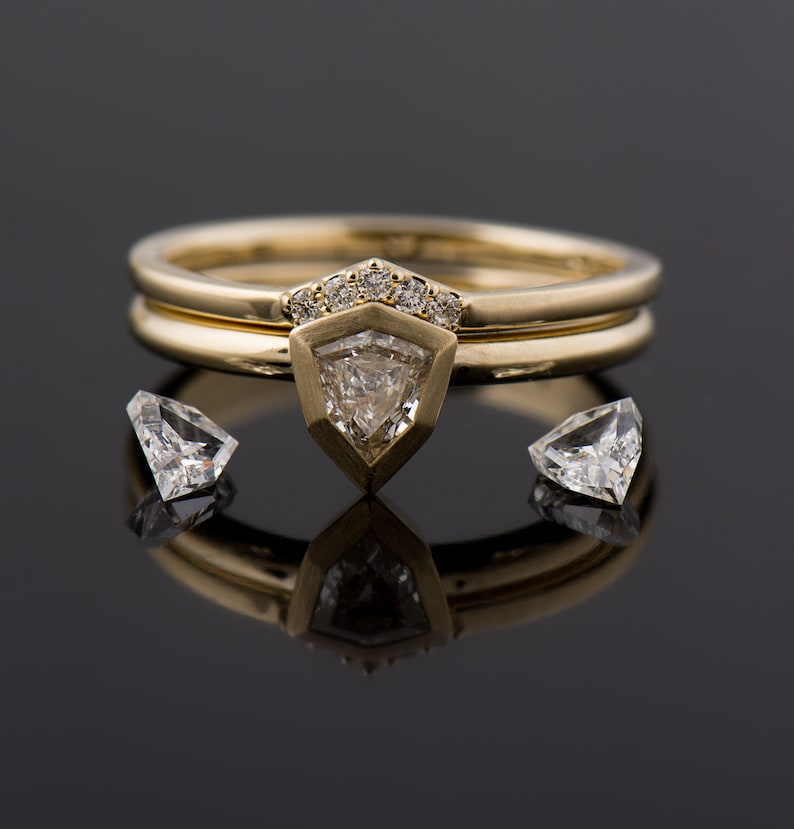 Small V Shaped Ring 14K Yellow Gold Band Diamond Wedding