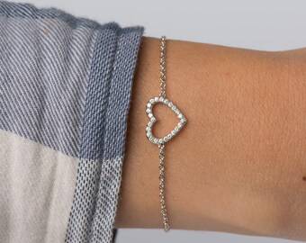 Herz Diamant Armband, 14k / 18k Weißgold Diamant Armband, Zierliches Diamant Armband, Liebe Diamant Armband, Geschenk Gold Diamant Armband