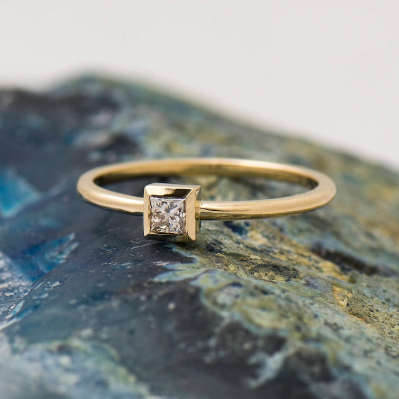 Square Diamond Engagement ring, 14K / 18K Yellow Gold, Dainty Engagement Ring, Thin Solitaire Ring, Princess Cut Diamond, Promise Ring image 3