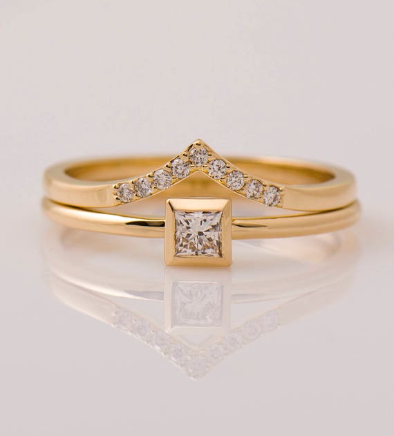 Square Diamond Set 14K 18K Yellow Gold Rings Set Minimal