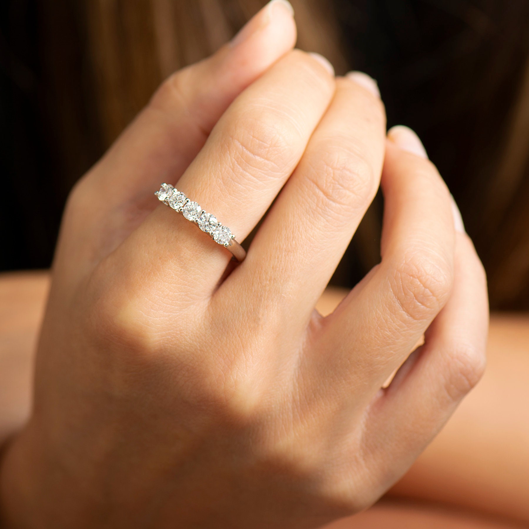 Five Stones Ring, 14K / 18K White Gold, Wedding Diamonds Ring, Anniversary Ring, Diamonds Stack Ring, Shared Prong Ring, Half Eternity Ring - Etsy Five Stones Ring, 14K / 18K White Gold, Wedding Diamonds Ring, Anniversary Ring, Diamonds Stack Ring, Shared Prong Ring, Half Eternity Ring - Etsy