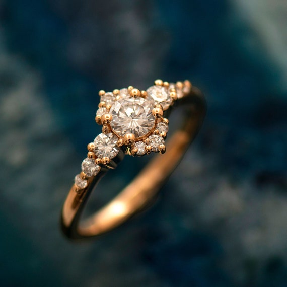 Round halo engagement ring, diamond alternative ring, unique engagemen –  NOOI JEWELRY
