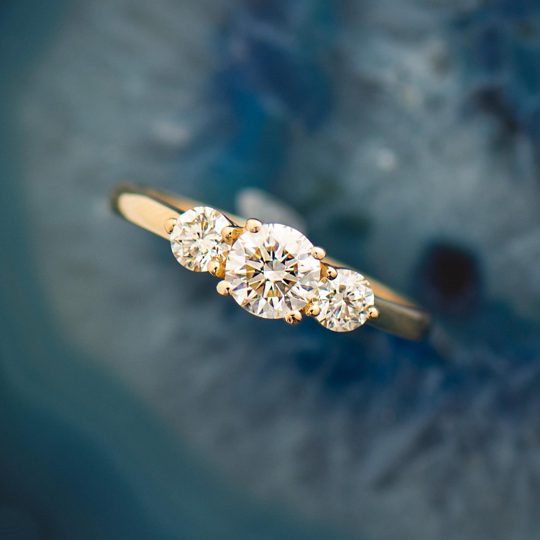 Three Diamonds Engagement Ring, 14K 18K Yellow Gold, Classy