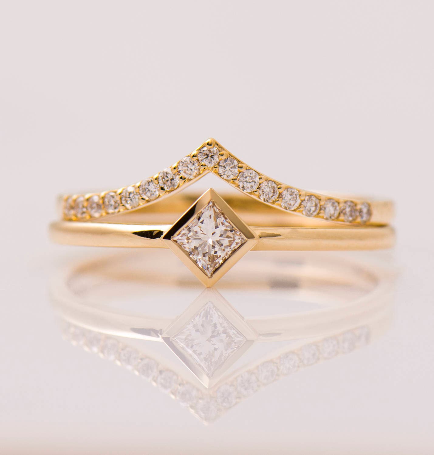 gold diamond dress rings Solitaire Set, 14K / 18K Yellow Diamond Set, Engagement Set, Square Diamond Ring, Minimal Diamond Set, Wedding Rings Set vintage engagement rings 1920s