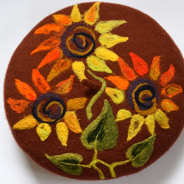 béret marron avec béret en laine de tournesols Français béret en feutre avec béret de couleur rouille de fleurs