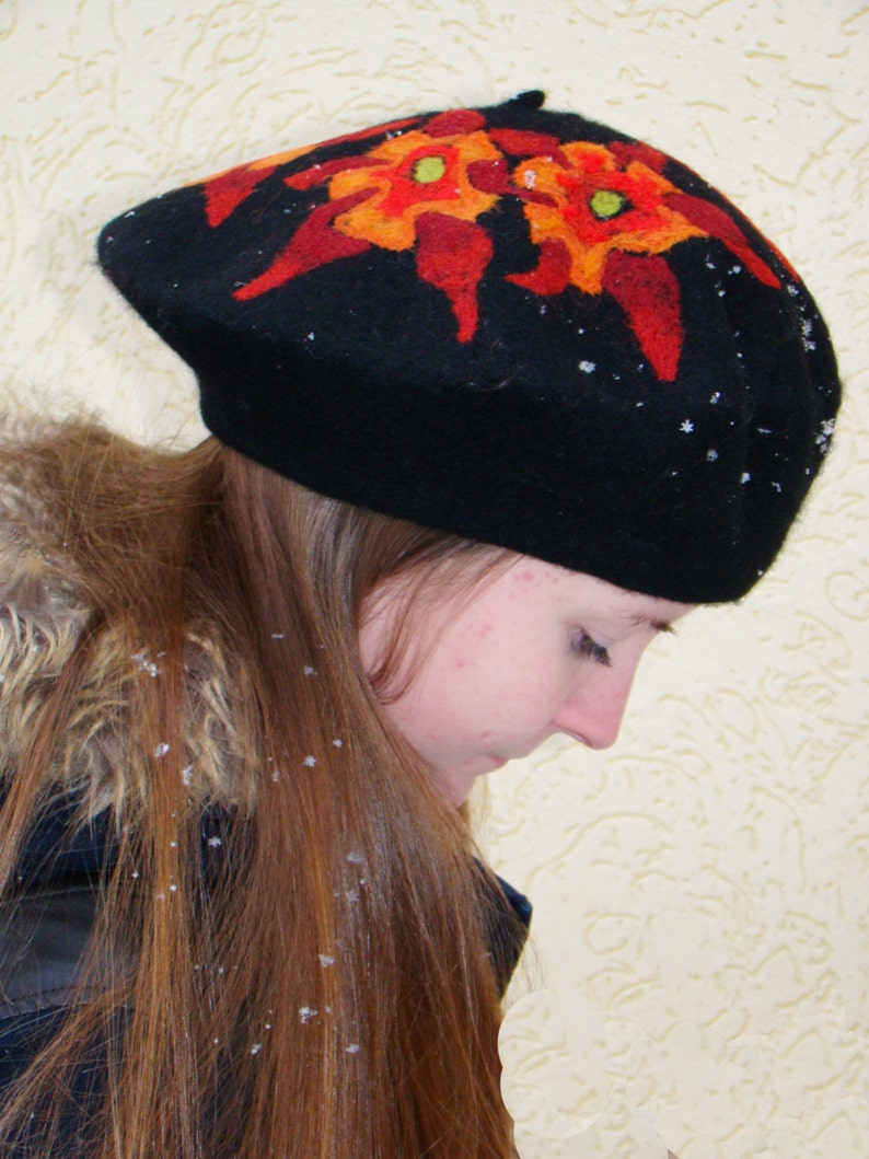 Felt beret Womens wool hat Womens wool beret Female black ...