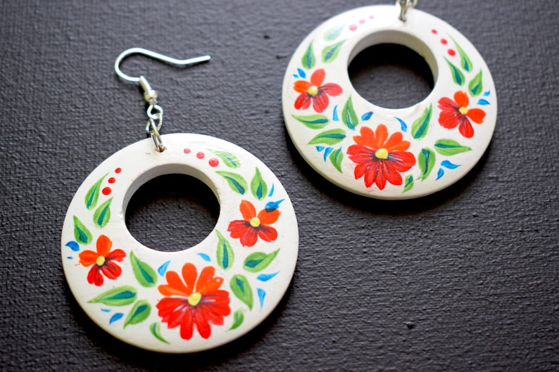 Wooden Earrings Folk Art Hand Painted Earrings Are Painted White