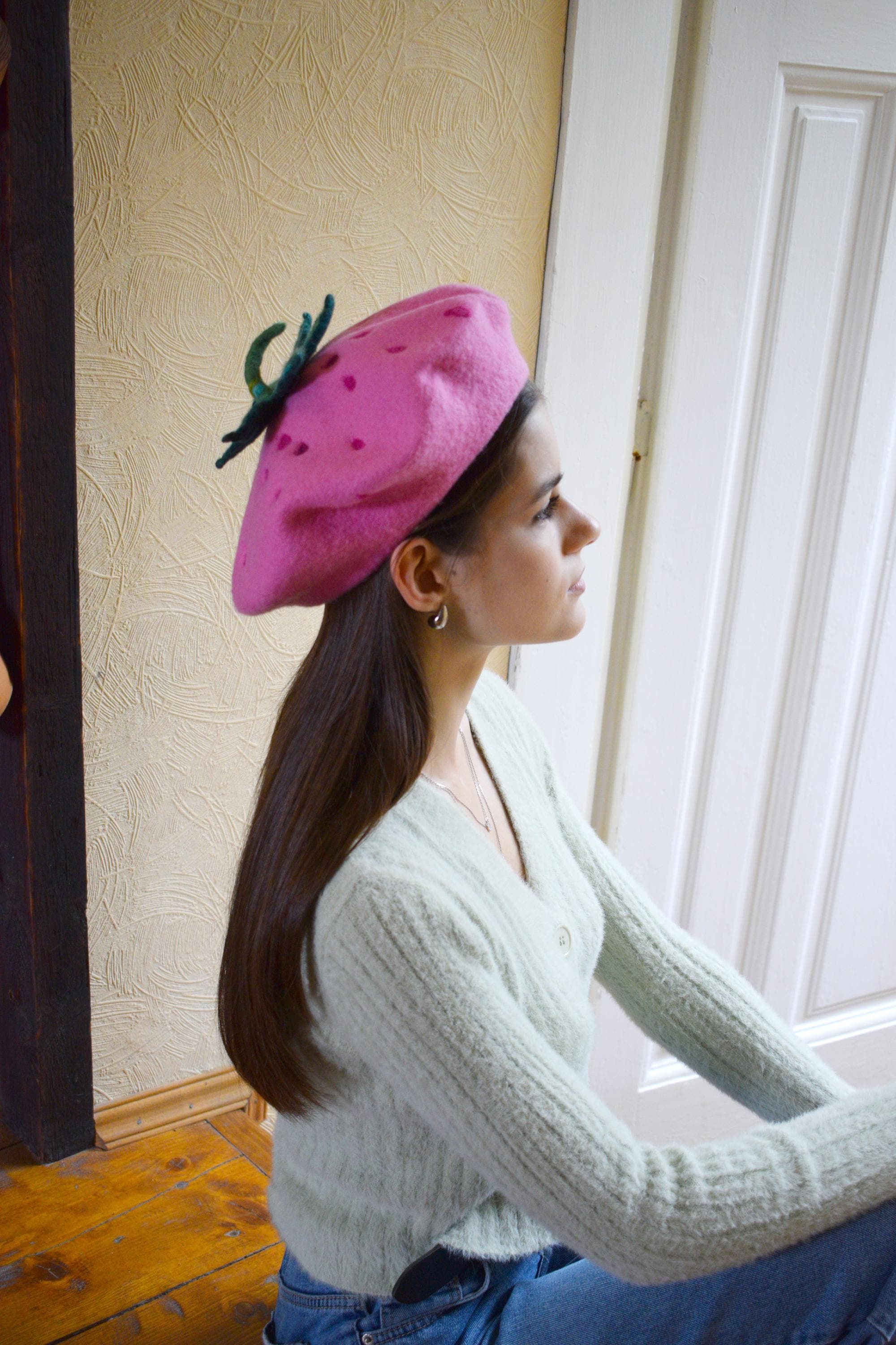 Strawberry Beret-hat High Quality Woolen Beret Pink Beret 