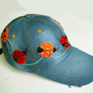 embroidery cap, Hand embroidered hat, baseball caps, embroidered cap, embroidery ladybug, embroidery ladybird, lady-cow, embroidery jeans