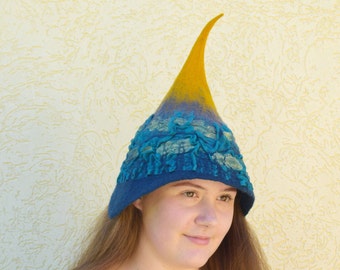 Sombrero de bruja de fieltro bordado: elegante disfraz de Halloween, azul y ocre