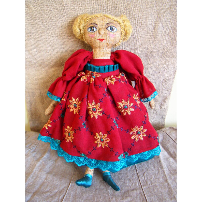 Cloth Soft Doll Art Soft Doll Spanish Girl in a Burgundy Dress Art Textile Interior Doll Rag