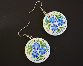 Folk art earrings Wooden painted earrings Flower Earrings Folk art jewelry gift for her white earrings wooden earrings painted jewelry