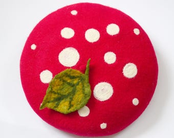 Embroidered Felt Mushroom Beret - Red Toadstool Hat