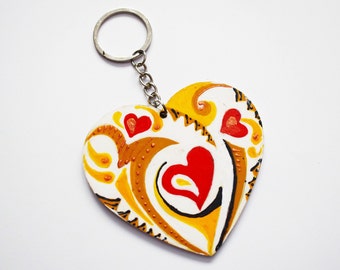 Hand Painted Wooden Heart Keychain - Valentine's Day Gift