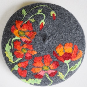 Mohnblumen Baskenmütze Graue Baskenmütze Hüte für Frauen Wollmütze für Frauen gefilzte Baskenmütze Damen Baskenmütze Hut Mädchen Baskenmütze Gestickte Baskenmütze Blumen Baskenmütze Filz