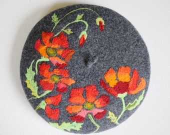 Poppies beret Gray beret hats for women wool beret for women felted beret womens beret hat girls beret Embroidered Beret Flower beret felt