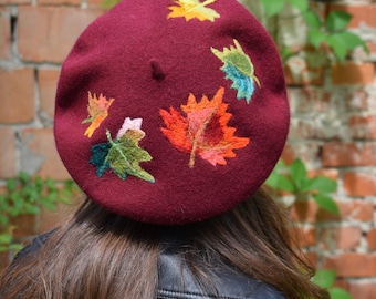 Burgundy Wool Beret, Embroidered Autumn Leaves, Felted Hat