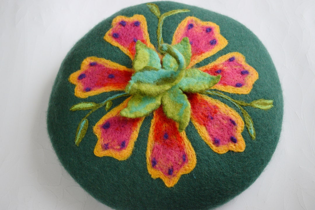 DARK GREEN BERET Dark Green Beret Hat With Lily Woolen Beret Etsy