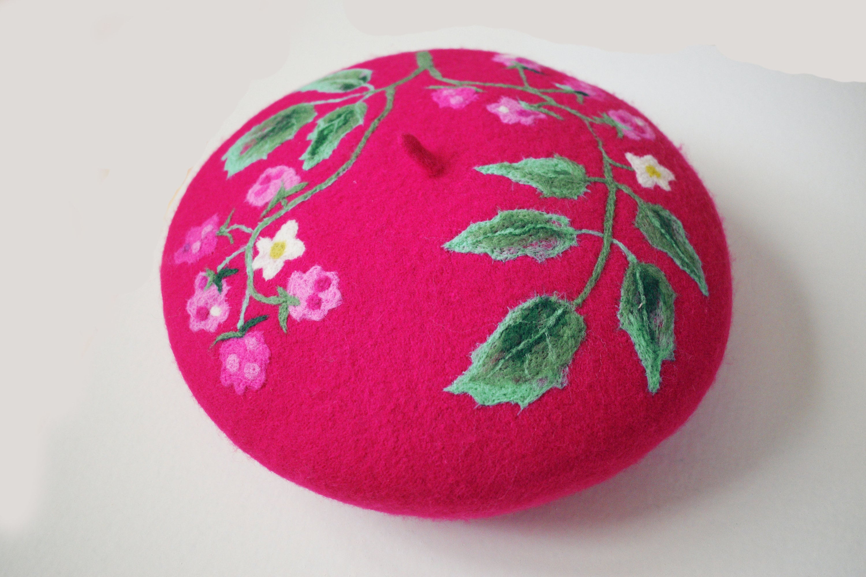 Raspberry Beret Pink Beret With Embroidered Raspberries Woolen Beret