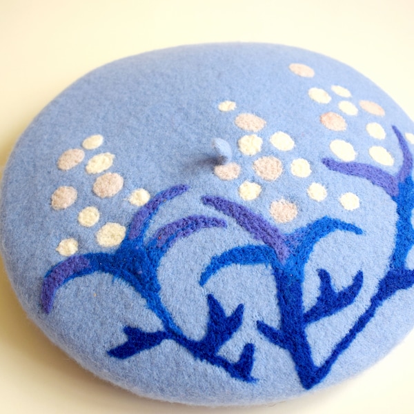 Handmade Felt Hat Blue winter beret Embroidered flower beret Woolen beret for woman Handmade felted beret Wool beret with Needle felt french