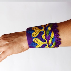 eco-friendly accessories  upcycled materials violet fabric bracelet cuff embroiderd bracelets Mexican Bracelet embroidered textile bracelet