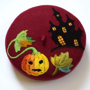 Halloween gift halloween pumpkin halloween castle female beret Burgundy beret felt hats Burgundy Beret womens wool berets embroidered beret