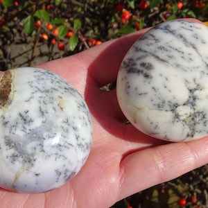 May include: Two white and grey agate palm stones with a swirling pattern. The stones are smooth and polished.