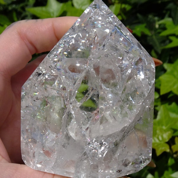 Large Polished Flashy Crackle Clear Quartz Tower -306g - 7cm Tall - Self Standing