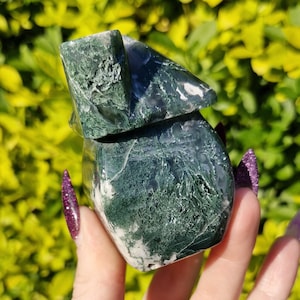 Polished Banded Clear Moss Agate Mini House Carving - 238g - 7cm Tall - Self Standing