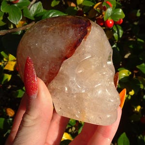 Flashy Rainbow Clear Fire Quartz Skull Carving - 385g - 8cm Longest Length