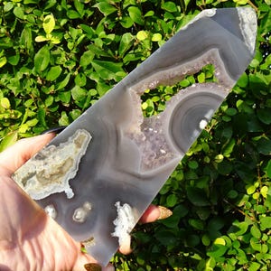 Large Polished Agate Amethyst Slab / Tower - 568g - 23cm Tall - Not Self Standing
