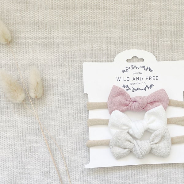 Small linen bows, Dainty baby bow headband, Petite baby headband bows, Newborn baby bow, cotton hair bow, Petite baby bows pack, linen bows,