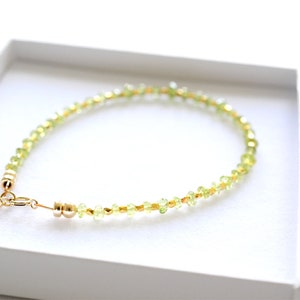 Dainty Peridot bracelet in gold, Peridot jewellery, August birthstone bracelet, dainty green Peridot, her birthday gift, her handmade gift image 3