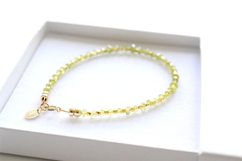 Dainty Peridot bracelet in gold, Peridot jewellery, August birthstone bracelet, dainty green Peridot, her birthday gift, her handmade gift image 3