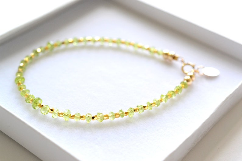 Dainty Peridot bracelet in gold, Peridot jewellery, August birthstone bracelet, dainty green Peridot, her birthday gift, her handmade gift image 2