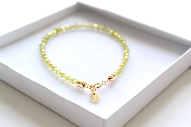 Dainty Peridot bracelet in gold, Peridot jewellery, August birthstone bracelet, dainty green Peridot, her birthday gift, her handmade gift image 1