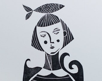 Like a Fish out of Water, Limited Edition Linocut Print, Fish